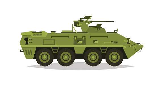 Armored infantry vehicle. Exploration, inspection, optical review, armor, protection, gun, ammo. Equipment for the war. The attack on the enemy. Heavy trucks, all-terrain vehicle. Vector illustration