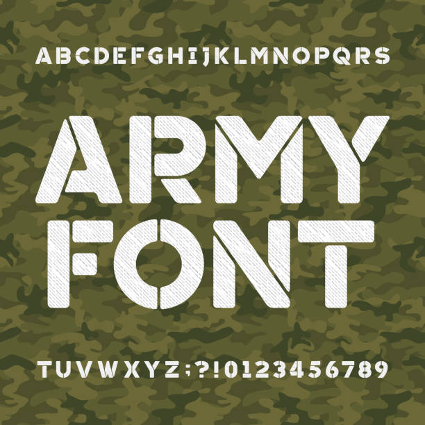 Army alphabet font. Sseamless green camo background. Army alphabet font. Scratched type letters and numbers on a seamless green camo background. Vector typography for your design. military backgrounds stock illustrations