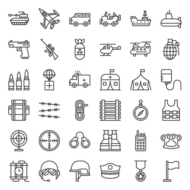 Army and military related outline icon Army and military related outline icon conflict stock illustrations