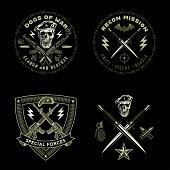 Army emblems. Set of stamps with skulls, guns and daggers. Color vector illustration.