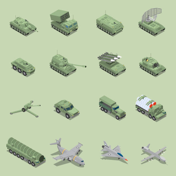 army military vehicles isometric set Military vehicles isometric set with tank cannon, rocket launcher jet fighter self propelled howitzer isolated icons vector illustration military land vehicle stock illustrations