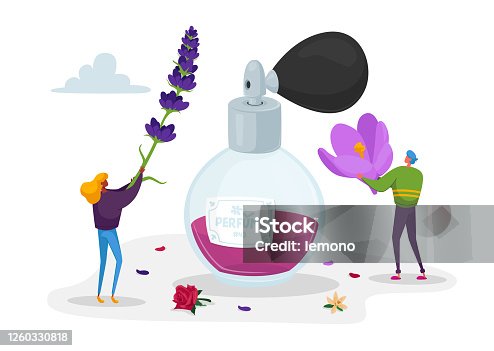 istock Aroma Composition. Perfumery Creation. Perfumer Characters Create Perfume Fragrance. Tiny People Bring Violet Flowers 1260330818