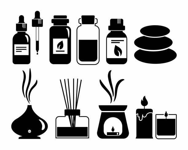 stockillustraties, clipart, cartoons en iconen met aromatherapie zwarte overzicht pictogram set - essential oils smell