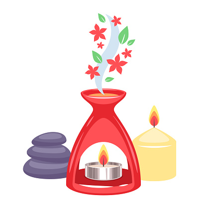 Aromatherapy illustration with oil burner and candle.