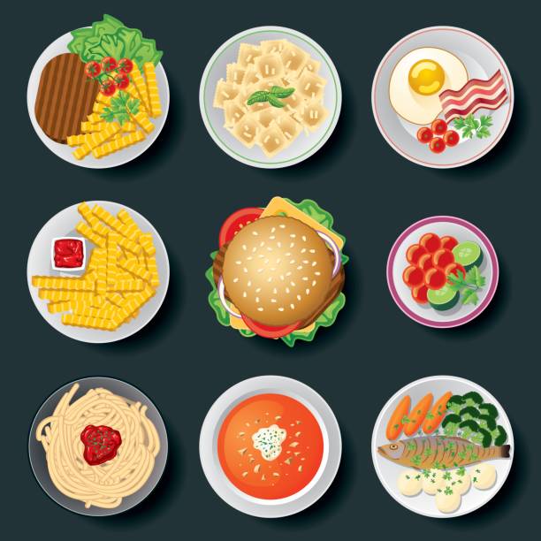 stockillustraties, clipart, cartoons en iconen met regeling van gekookte en gezouten gerechten - plate hamburger