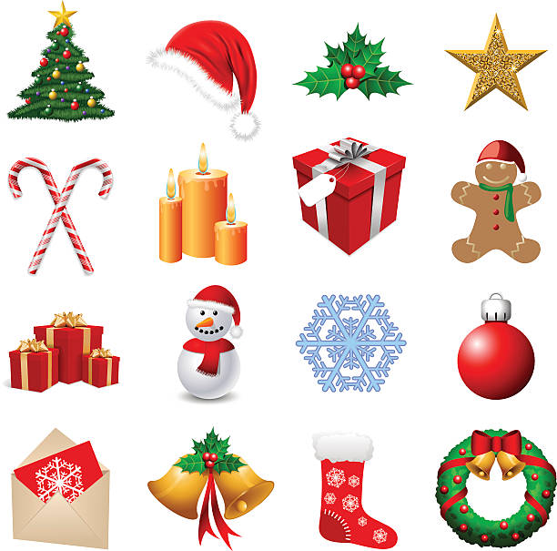 Arrangement of sixteen Christmas themed emoji Illustration of a Christmas Icon Set (Pdf(6) and Ai(8) files are included) japanese lantern stock illustrations
