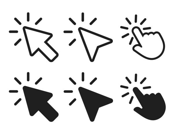 ilustraciones, imágenes clip art, dibujos animados e iconos de stock de flecha y el icono de clic del cursor de la mano. ilustración vectorial. - computer mouse