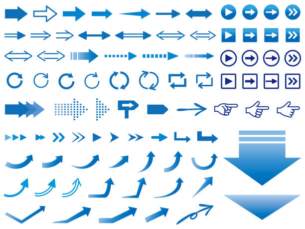 Arrow icons of various designs, blue Illustration of various arrows blue symbols stock illustrations