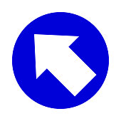 arrow pointing left up in circle blue for icon flat isolated on white, circle with arrow for button interface app, arrow sign of next or download upload concept, arrow simple symbol for direction
