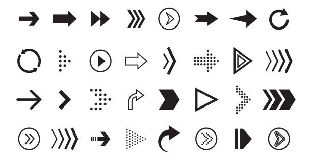 Arrow vecor icon. Black graphic pointer for direction, sign forward and down, around. Navigation cursor collection for app, computer. Set of flat linear arrows for download. vector illustration Arrow vecor icon. Black graphic pointer for direction, sign forward and down, around. Navigation cursor collection for app, computer. Set of flat linear arrows for download. Design vector illustration arrow symbol stock illustrations