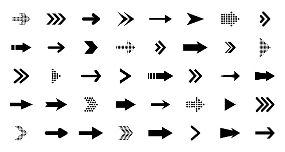 Arrows black icon set. Vector arrow. Collection of different arrows icons. Arrow icon. Cursor, pointer for web design, interface. Vector illustration.