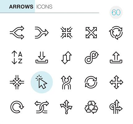 20 Outline Style - Black line - Pixel Perfect Arrows icons / Set #60 / Icons are designed in 48x48pх square, outline stroke 2px.

First row of outline icons contains: 
Separating Arrows, Merging Arrows, Zoom in, Zoom Out, Traffic Circle Arrows;

Second row contains: 
Alphabetical Order, Inbox - Filing Tray, Up and Down Arrows , Infinity Arrow , Outbox - Filing Tray;

Third row contains: 
Minimize icon, Navigation Arrows, Shuffling Arrows, Recycling Symbol, Mouse Cursor; 
 
Fourth row contains: 
Reload Arrow, Crossing Arrows, Variation (Choice) Arrows, Repetition Arrows, Traffic Arrow Sign.

Complete Primico collection - https://www.istockphoto.com/collaboration/boards/NQPVdXl6m0W6Zy5mWYkSyw