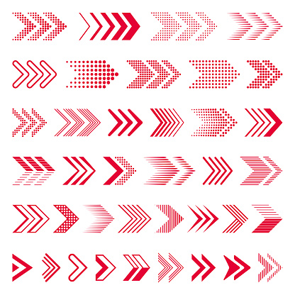 Set of red arrows. Vector design elements, different shapes.