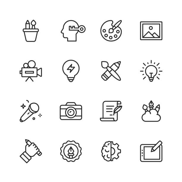 Art and Creativity Line Icons. Editable Stroke. Pixel Perfect. For Mobile and Web. Contains such icons as Art, Creativity, Drawing, Painting, Photography, Writing, Imagination, Innovation, Brainstorming, Design, Marketing, Music, Media. 16 Art and Creativity Outline Icons. selfie patterns stock illustrations