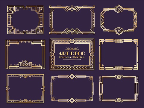 Art deco borders. 1920s golden frames, nouveau fancy decorative elements for vintage posters. Vector art deco ornament design set
