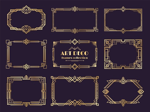 Art deco borders set. Golden 1920s frames, nouveau luxury geometric style, abstract vintage ornament. Vector art deco elements