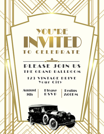 Art Deco car style vintage invitation design template on whtie