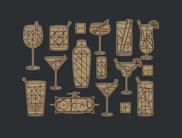 Art deco cocktails set dark gold Art deco cocktails set drawing in line style with fill gold on dark background cocktail patterns stock illustrations
