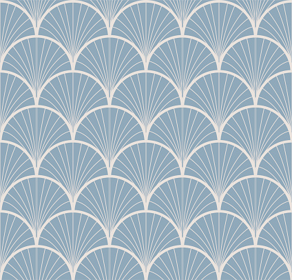 Art Deco fan pattern. Light blue and cream ornamental background. Interior decor design.