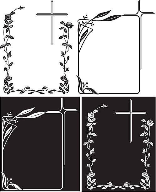 Art Deco frames for obituary or memory plaques art nouveau floral frames, black and white flourish frames and borders  religious cross borders stock illustrations