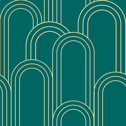 Art deco green pattern. Abstract background. Geometric line arch shape. Wallpaper design. Editable stroke. Vector stock illustration