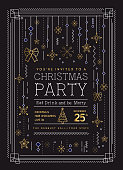 Vector illustration of a Art deco Holiday Christmas Party Invitation Design Template with line art icons stock illustration. Metallic gold color. Easy to edit with layers. EPS 10.