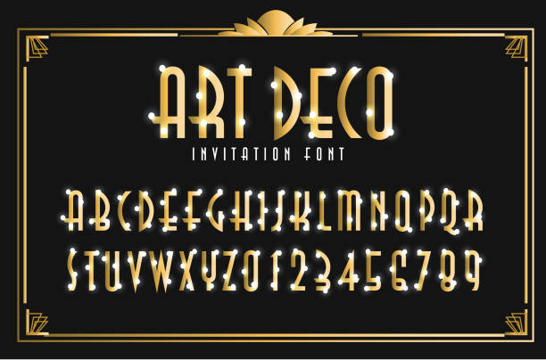 art-deco-party einladung goldene großbuchstabe text schrift gestaltung mit leuchtenden lichtern - font stock-grafiken, -clipart, -cartoons und -symbole