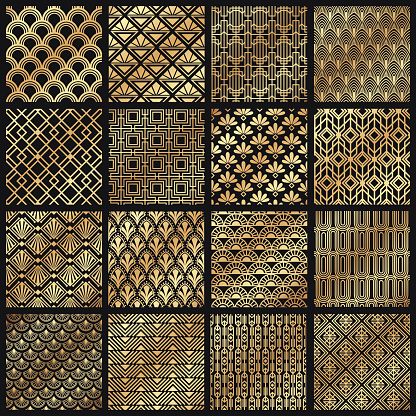 Art deco patterns. Decorative golden lines, angular line frame and 1920 arts gold pattern vector set