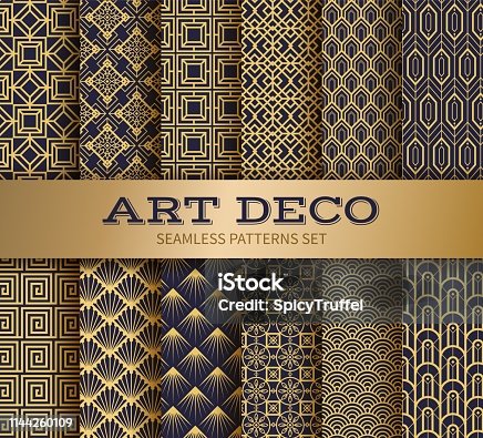 istock Art deco seamless pattern. Luxury geometric nouveau wallpaper, elegant classic retro ornament. Vector golden abstract pattern 1144260109