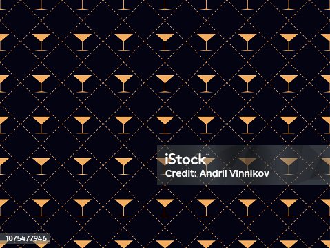 istock Art deco seamless pattern with a glass of martini. Alcohol cocktail style of the 1920s - 1930s. For invitations, leaflets and greeting cards. Vector illustration 1075477946