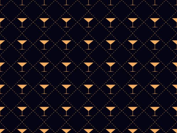 Art deco seamless pattern with a glass of martini. Alcohol cocktail style of the 1920s - 1930s. For invitations, leaflets and greeting cards. Vector illustration Art deco seamless pattern with a glass of martini. Alcohol cocktail style of the 1920s - 1930s. For invitations, leaflets and greeting cards. Vector illustration alcohol drink designs stock illustrations
