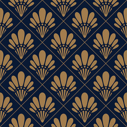 Art Deco shell pattern. Gold and navy blue ornamental background. Interior decor design.