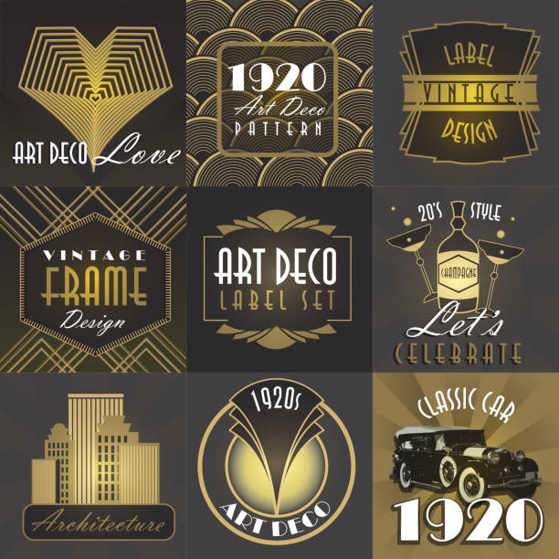 Art Deco style big set of labels or badges Art Deco style label set champagne borders stock illustrations