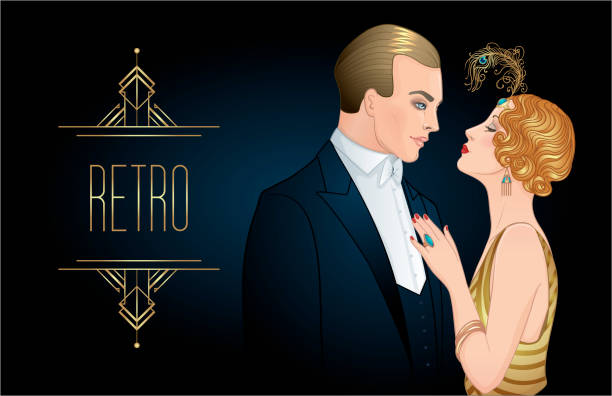 Art deco style. Retro fashion Beautiful couple in art deco style. Retro fashion: glamour man and woman of twenties. Vector illustration. Flapper 20's style. Vintage party or thematic wedding invitation design template. dancing borders stock illustrations