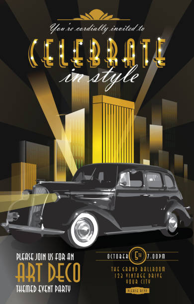 Art Deco style vintage poster invitation party classic car template Art Deco style cityscape and car vintage invitation design template city borders stock illustrations