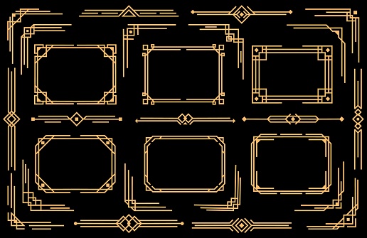 Art deco vector elements line borders, frames, dividers and corners. Decorative geometric victorian style design, elegant vintage symbols, old antique bordering isolated on black background, icons set