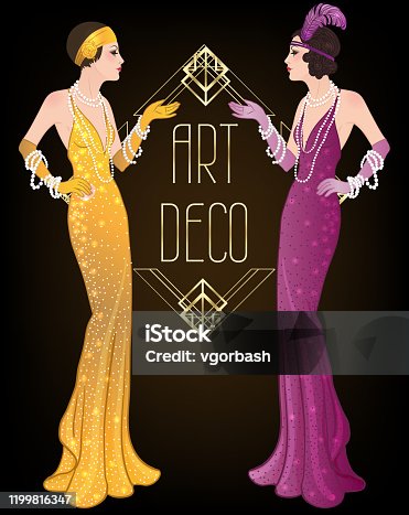 istock Art Deco vintage invitation template design with illustration of flapper girl. patterns and frames. Retro party background set (1920's style). Vector for glamour event. 1199816347