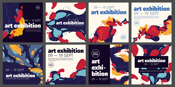 Art exhibition banners with abstract paint blobs. Vector square posters for social media of museum or gallery exhibition with trendy creative design with colorful painting
