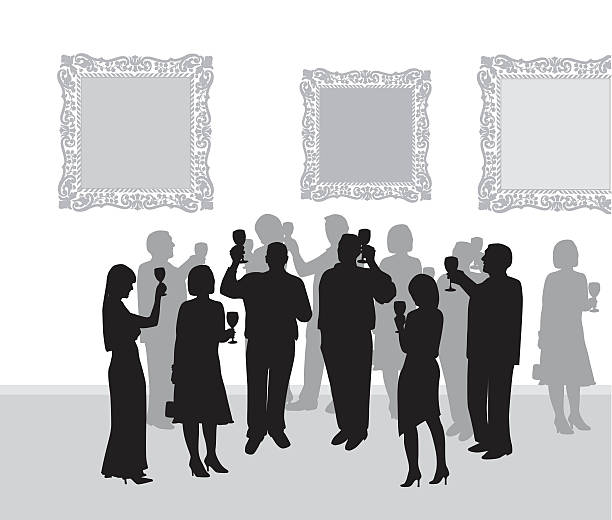 Art Gallery Reception A vector silhouette illustration of formally dressed adults raising their wine glasses in a toast in an art gallery in front of ornately framed art works. alcohol drink silhouettes stock illustrations