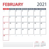2021 February Calendar Planner Vector Template. Week starts on Sunday