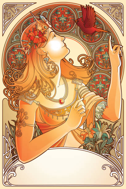 Art New Poster Beautiful woman with flying bird in modern style. Spring, summer, autumn.
eps10 women borders stock illustrations