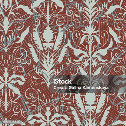 istock Art nouveau style seamless pattern. Classic renaissance baroque floral background mixed with palm leaves silhouettes. Decorative swirls and flowers. Design for wallpaper, textile and fabric. 1355515840