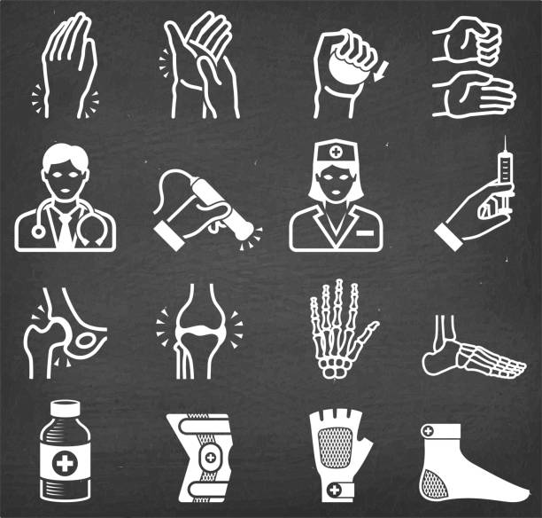 Arthritis Bones and Joints Pain Physical Theraphy icon set Arthritis Bones and Joints Pain Physical Theraphy icon set. This image features a set of roaylty free vector icons in white on a chalkboard. The icons can be used separately or as part of a set. The chalk board has a slight texture. pain drawings stock illustrations