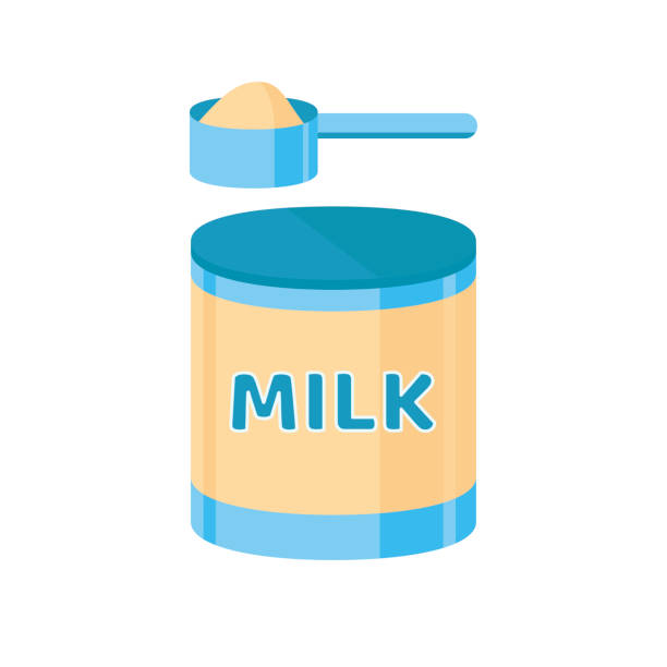 yenidoğan için yapay beslenme. bir kepçe süt formülü. bebek bakımı, düz tarzda illüstrasyon - baby formula stock illustrations
