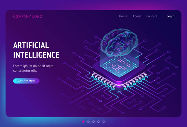 Artificial intelligence ai isometric landing page Artificial intelligence isometric landing page, ai technologies, glowing human brain levitate on antigravity platform with microcircuits on neon glowing futuristic background, 3d vector web banner machine learning stock illustrations