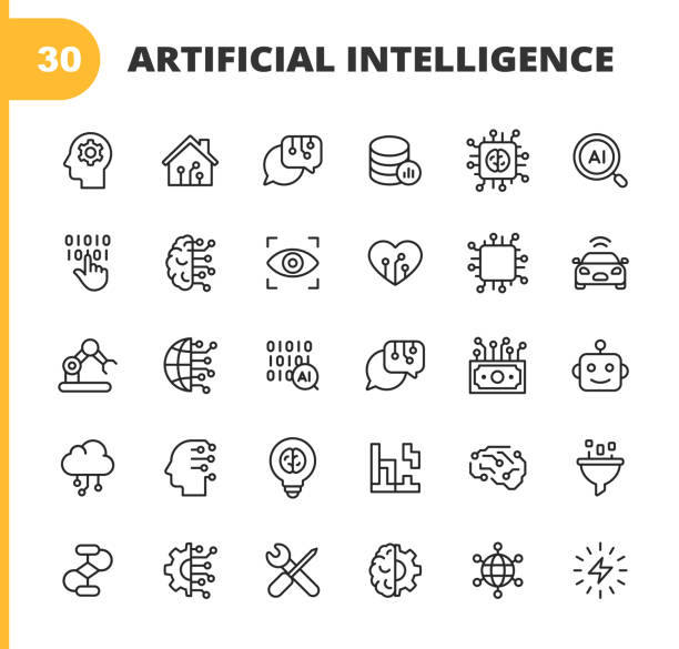 Artificial Intelligence Line Icons. Editable Stroke. Pixel Perfect. For Mobile and Web. Contains such icons as Artificial Intelligence, Machine Learning, Internet of Things, Big Data, Network Technology, Cloud Computing, Programming, Self Driving Car. 30 Artificial Intelligence Outline Icons. robot icons stock illustrations