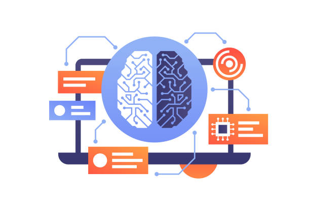 Artificial intelligence of modern technology brain in laptop. Artificial intelligence of modern technology brain in laptop. Isolated concept device with message box using ai and new processor. Vector illustration. machine learning stock illustrations