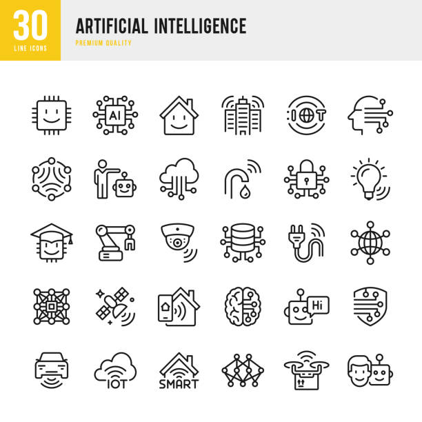sztuczna inteligencja - zestaw ikon wektorowych linii - machine learning stock illustrations