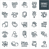 A set of artificial intelligence icons. The icons have editable strokes or outlines when using the vector file format. The icons include a human head with circuit board, cogs with circuit board, robot arm using AI, person analyzing AI data, machine learning on mobile phone, human brain and circuit board, website, target market using AI, health care worker using AI to analyze data, person using virtual reality and other related icons.