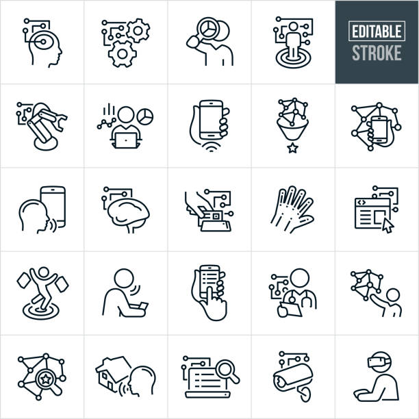 Artificial Intelligence Thin Line Icons - Editable Stroke A set of artificial intelligence icons. The icons have editable strokes or outlines when using the vector file format. The icons include a human head with circuit board, cogs with circuit board, robot arm using AI, person analyzing AI data, machine learning on mobile phone, human brain and circuit board, website, target market using AI, health care worker using AI to analyze data, person using virtual reality and other related icons. deep learning stock illustrations